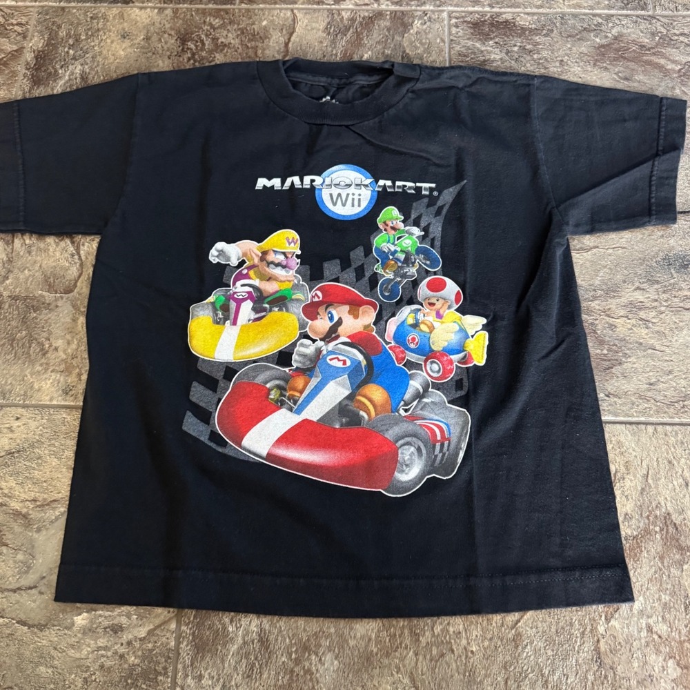 Vtg 2000s Kids Mario Kart Wii T Shirt Black Nintendo Video‎ Game Tee Size 6-7